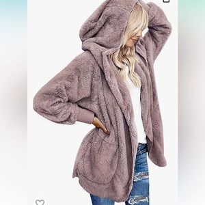 Fuzzy Fleece Oversized Open Front Hooded Cardigan Jacket Taupe Small 4-6